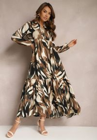 Renee - Beżowo-Brązowa Rozkloszowana Sukienka o Koszulowym Fasonie w Abstrakcyjny Print Asequa. Kolor: beżowy. Materiał: tkanina. Wzór: nadruk. Typ sukienki: koszulowe #1