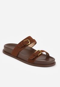 Renee - Ciemnobrązowe Klapki Ozdobione Metalicznymi Klamrami Zelivra. Kolor: brązowy. Wzór: aplikacja. Sezon: lato. Styl: elegancki, boho #7