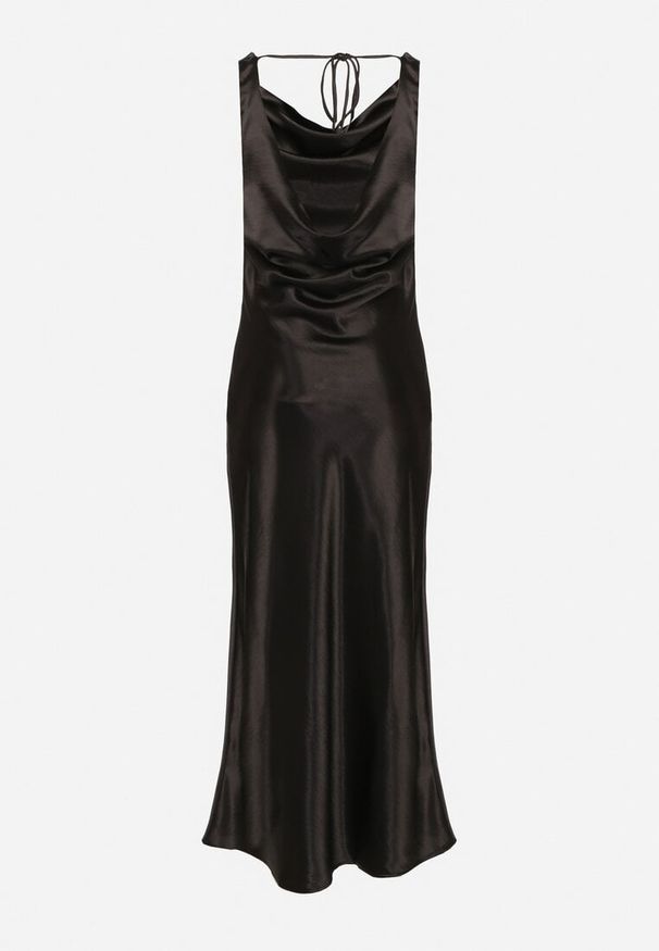 Born2be - Czarna Koktajlowa Sukienka Satynowa z Wiskozy z Bawełną Delinavia. Kolor: czarny. Materiał: satyna, bawełna, wiskoza. Styl: wizytowy