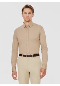Pako Lorente - PAKO LORENTE – Beżowa bawełniana koszula męska. Kolor: zielony, beżowy. Materiał: bawełna. Długość rękawa: długi rękaw. Długość: długie. Wzór: gładki #1