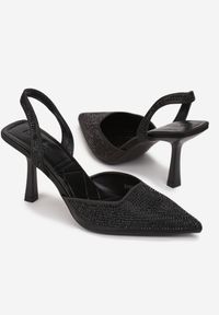 Renee - Czarne Czółenka z Cyrkoniami i Szpiczastym Noskiem Longam. Nosek buta: szpiczasty. Zapięcie: pasek. Kolor: czarny. Materiał: satyna, tkanina. Styl: elegancki #2