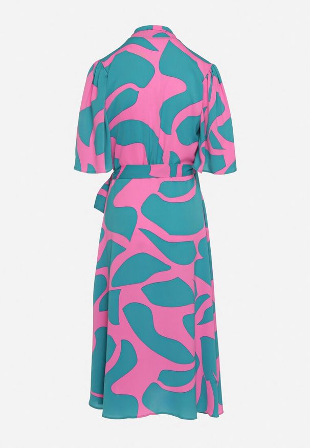 Born2be - Niebiesko-Różowa Kopertowa Sukienka z Wiązaniem w Pasie Raviara. Okazja: na co dzień, na spotkanie biznesowe. Kolor: niebieski. Długość rękawa: krótki rękaw. Typ sukienki: kopertowe. Styl: casual, biznesowy, elegancki