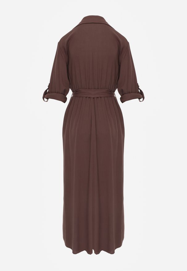 Renee - Brązowa Koszulowa Sukienka z Bawełny z Wiązanym Paskiem i Podpinanymi Rękawami Cesela. Okazja: na co dzień. Kolor: brązowy. Materiał: bawełna. Typ sukienki: koszulowe. Styl: boho, casual