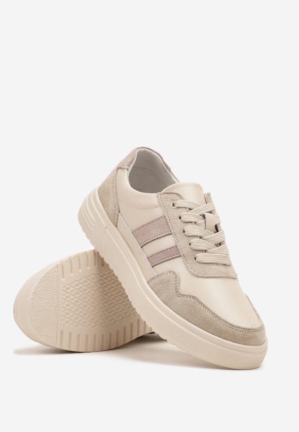 Born2be - Beżowe Skórzane Sneakersy z Paskami Andaxele. Okazja: na co dzień. Zapięcie: pasek. Kolor: beżowy. Materiał: skóra