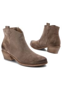 Brązowe Botki Exquisite Modne Kowbojki Damskie. Kolor: brązowy. Materiał: zamsz, materiał. Obcas: na obcasie. Wysokość obcasa: średni