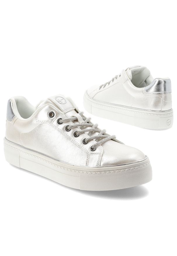 Srebrne Sneakersy Tamaris Modne Obuwie Damskie. Okazja: na co dzień. Zapięcie: sznurówki. Kolor: srebrny. Materiał: skóra. Szerokość cholewki: normalna. Styl: casual, klasyczny, sportowy