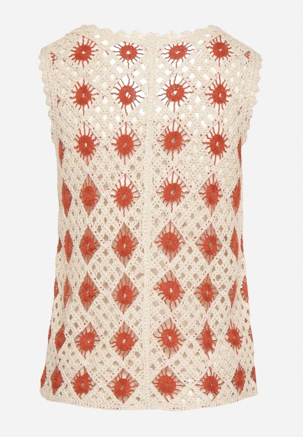 Born2be - Czerwono-Beżowa Kamizelka Szydełkowa z Dekoltem w Serek Banisella. Okazja: na co dzień. Typ kołnierza: dekolt w serek. Kolor: czerwony. Materiał: tkanina, jeans. Wzór: ażurowy. Sezon: lato. Styl: casual, boho