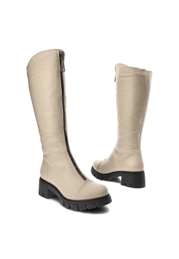 Beżowe Kozaki Simen Modne Wygodne Buty Damskie. Wysokość cholewki: przed kolano. Zapięcie: zamek. Kolor: beżowy. Materiał: skóra. Szerokość cholewki: normalna. Styl: elegancki