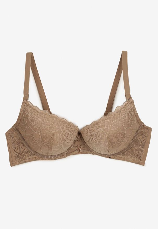 Renee - Ciemnobeżowy Elegancki Biustonosz z Koronką i Zapięciem na Haftki Mairiel. Kolor: beżowy. Materiał: koronka. Wzór: koronka