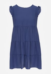 Renee - Niebieska Sukienka z Krótkim Rękawem i Ozdobnymi Falbankami o Rozkloszowanym Kroju Vetesa. Okazja: na co dzień. Typ kołnierza: kołnierz z falbankami. Kolor: niebieski. Materiał: jeans, wiskoza. Długość rękawa: krótki rękaw. Typ sukienki: proste. Styl: casual, klasyczny #4