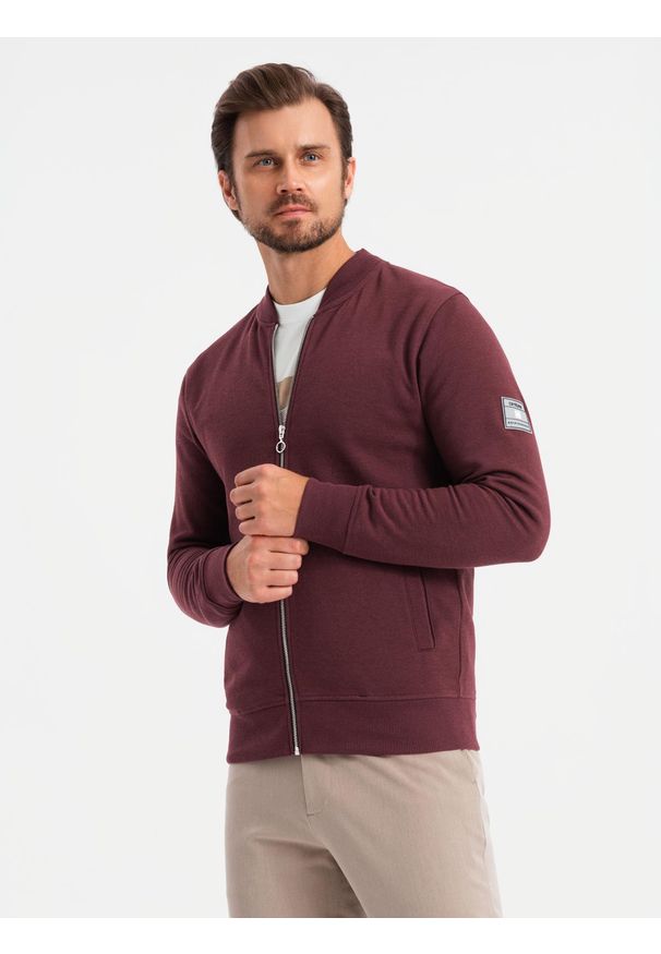 Ombre Clothing - Rozpinana bawełniana męska bluza dresowa bomberka – bordowa V13 OM-SSZP-0215 - XXL. Okazja: na co dzień. Kolor: czerwony. Materiał: bawełna, dresówka. Wzór: aplikacja. Styl: sportowy, elegancki, casual