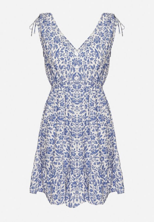 Born2be - Niebiesko-Biała Bawełniana Sukienka na Ramiączkach ze Ściągaczami i Guzikami z Gumką w Talii Tesria. Okazja: na spacer. Typ kołnierza: dekolt w kształcie V. Kolor: niebieski. Materiał: bawełna. Długość rękawa: na ramiączkach. Sezon: lato. Styl: elegancki