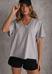 Renee - Szary T-shirt Bawełniany z Dekoltem w V Adozixie. Okazja: na co dzień. Kolor: szary. Materiał: bawełna. Styl: street, casual #2