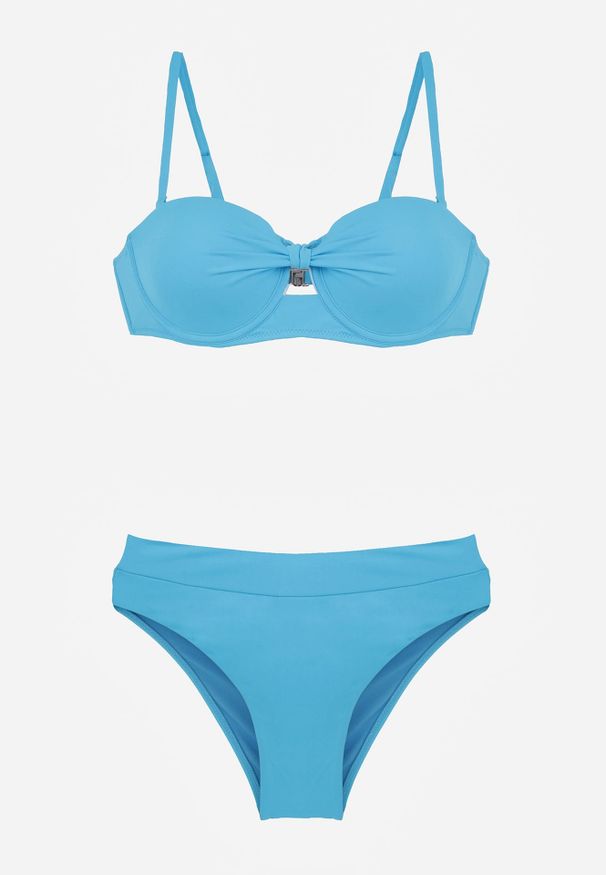 Renee - Niebieskie Bikini Dwuczęściowe z Ozdobnym Węzłem i Odpinanymi Ramiączkami Azaeryra. Kolekcja: plus size. Kolor: niebieski. Wzór: geometria
