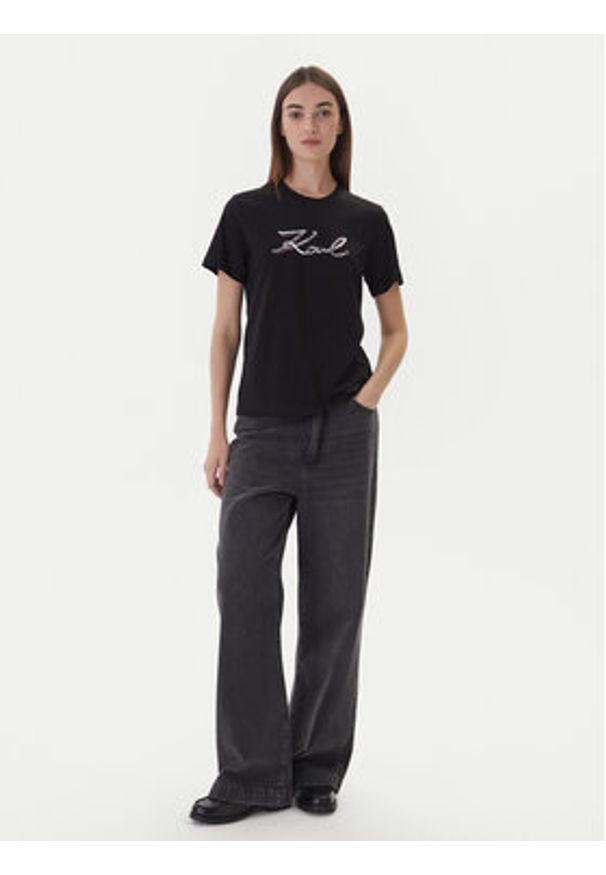 Karl Lagerfeld - KARL LAGERFELD T-Shirt A4W17052 Czarny Regular Fit. Typ kołnierza: dekolt w karo. Kolor: czarny. Materiał: bawełna