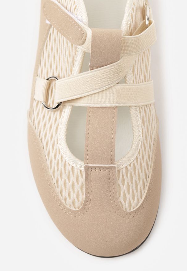 Born2be - Ciemnobeżowe Siateczkowe Sneakersy w Stylu Balerinek z Paskiem na Rzep Talenate. Okazja: na co dzień. Zapięcie: rzepy. Kolor: beżowy. Materiał: materiał, jeans