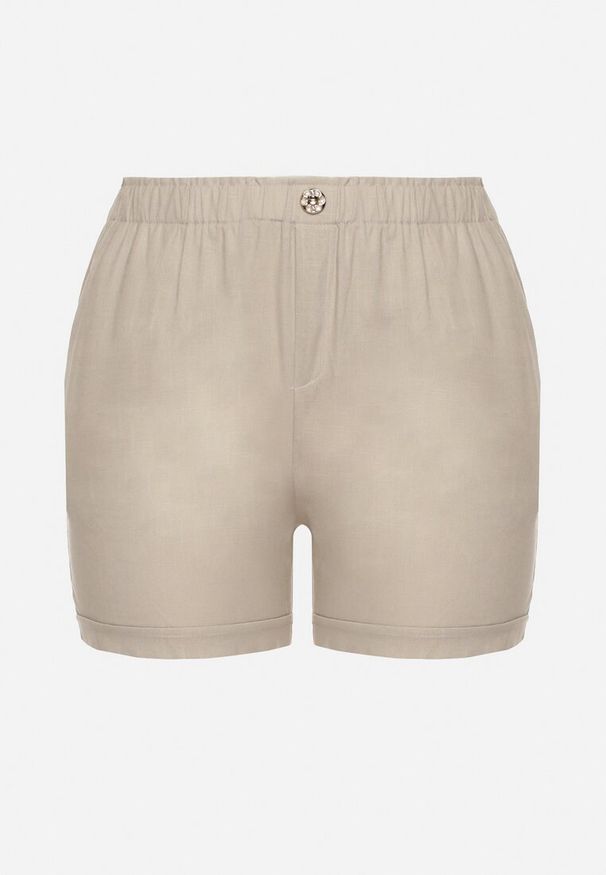 Born2be - Beżowe Casualowe Szorty z Lnem z Gumką w Talii Filowena. Okazja: na co dzień. Kolekcja: plus size. Kolor: beżowy. Materiał: len. Styl: casual