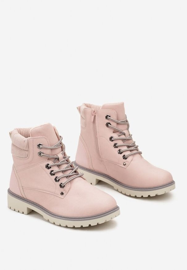 Born2be - Różowe Płaskie Klasyczne Traperki ze Sznurowaniem Lobanne. Kolor: różowy. Materiał: wełna, jeans. Sezon: zima, jesień. Styl: klasyczny