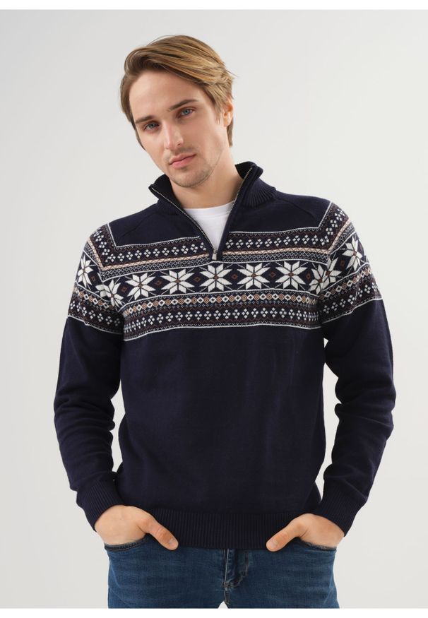 Ochnik - Granatowy sweter męski we wzór norweski. Typ kołnierza: kołnierzyk stójkowy. Kolor: niebieski. Materiał: bawełna