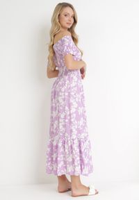 Born2be - Fioletowa Kwiecista Sukienka Hiszpanka Maxi z Marszczonymi Gumkami Ebothia. Typ kołnierza: dekolt hiszpanka. Kolor: fioletowy. Długość: maxi #4