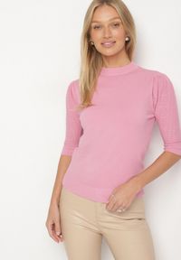 Born2be - Różowy Półgolf z Ażurowymi Rękawami Unessea. Okazja: do pracy, na co dzień. Kolor: różowy. Materiał: skóra, jeans. Wzór: ażurowy. Styl: casual, klasyczny #7