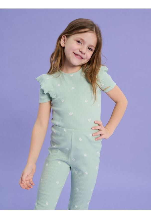 Sinsay - Koszulka z prążkowanej dzianiny z ozdobnymi falbanami w kwiatowy wzór - zielony. Kolor: zielony. Materiał: dzianina, prążkowany. Wzór: kwiaty