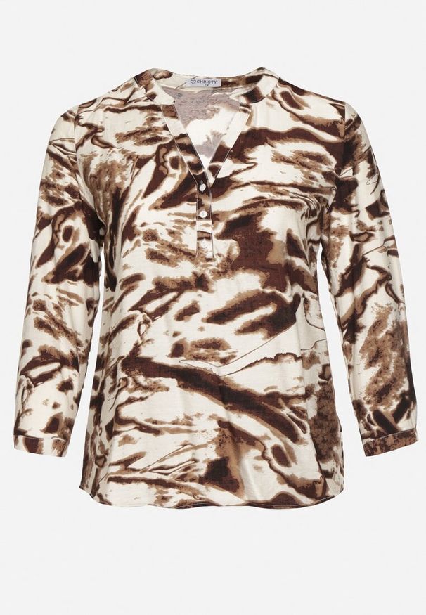 Born2be - Brązowa Koszula w Abstrakcyjny Print z Wiskozą i Guzikami Nevilea. Okazja: na co dzień. Kolekcja: plus size. Kolor: brązowy. Materiał: wiskoza. Wzór: nadruk. Styl: casual