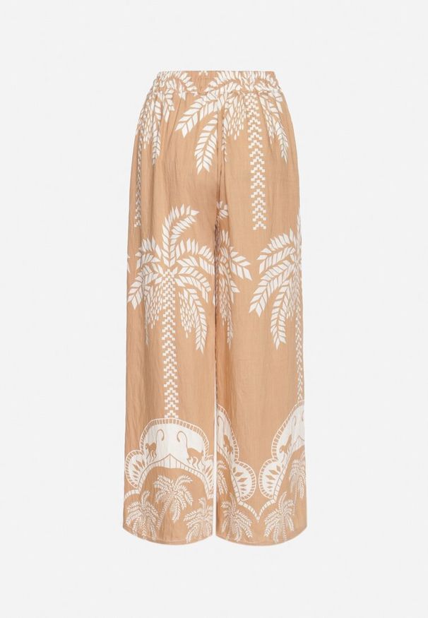 Born2be - Ciemnobeżowe Wiskozowe Szerokie Spodnie z Wysokim Stanem z Palmami Bolritia. Okazja: na co dzień, na spotkanie biznesowe, do pracy. Stan: podwyższony. Kolor: beżowy. Materiał: wiskoza. Styl: casual, biznesowy, elegancki, klasyczny