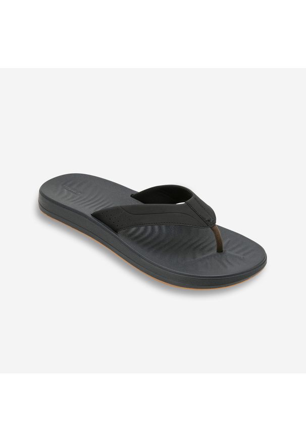 Decathlon - Japonki męskie Olaian 900. Okazja: na plażę. Nosek buta: okrągły. Kolor: szary, wielokolorowy, czarny. Materiał: kauczuk, materiał. Wzór: paski. Styl: sportowy