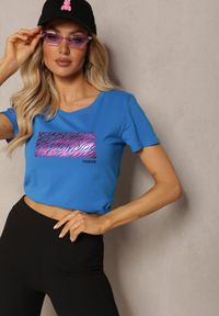 Renee - Niebieski T-shirt z Bawełny Ozdobiony Nadrukiem z Przodu Ubsaria. Okazja: na co dzień. Kolor: niebieski. Materiał: bawełna. Wzór: aplikacja, nadruk. Styl: casual #4