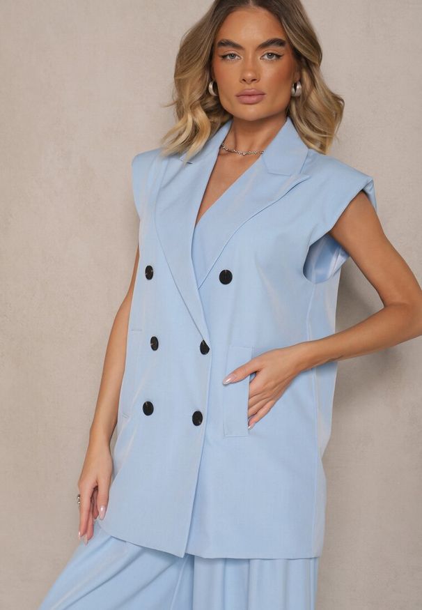 Renee - Niebieska Garniturowa Kamizelka z z Usztywnioną Linią Ramion Ellamira. Okazja: na co dzień. Kolor: niebieski. Materiał: skóra. Styl: klasyczny, casual