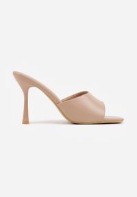 Renee - Ciemnobeżowe Klapki na Szpilce z Kwadratowym Noskiem Peep Toe Avenata. Okazja: na co dzień, na randkę. Nosek buta: otwarty. Kolor: beżowy. Materiał: jeans, skóra, koronka. Obcas: na szpilce. Styl: casual #7