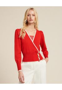 Luisa Spagnoli - LUISA SPAGNOLI - Czerwony sweter wełniany MEDLY. Typ kołnierza: dekolt kopertowy. Kolor: czerwony. Materiał: wełna. Długość rękawa: długi rękaw. Długość: długie