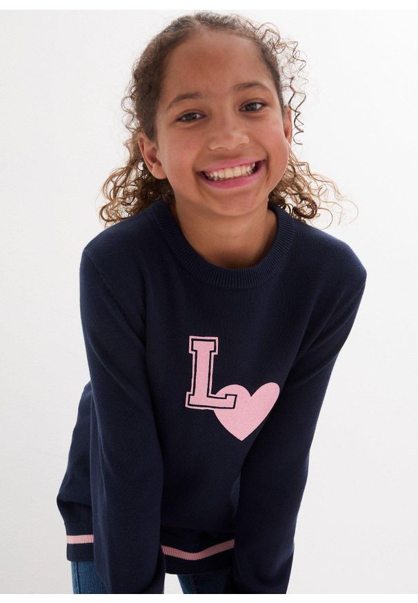 bonprix - Sweter z dzianiny o gładkim splocie drobnych oczek. Kolor: niebieski. Materiał: dzianina. Wzór: gładki, ze splotem, nadruk