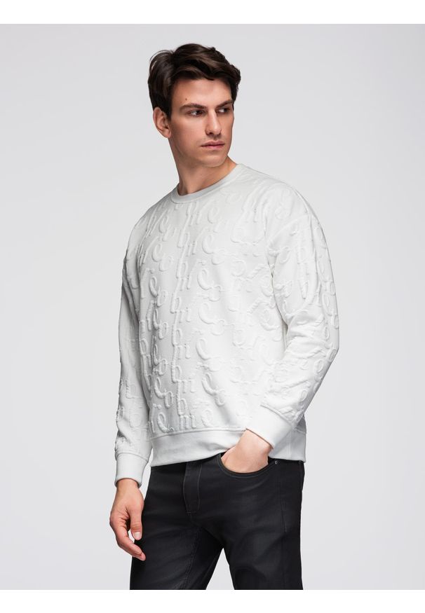 Ombre Clothing - Bluza męska RELAXED FIT z tłoczonymi literami – ecru V2 - Rozmiar: XL. Materiał: materiał, dzianina, bawełna