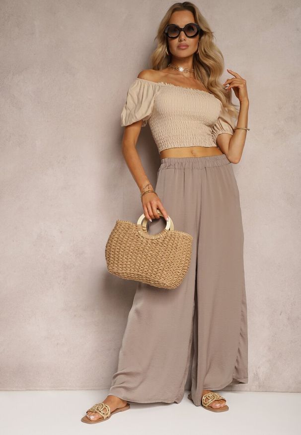 Renee - Ciemnobeżowe Wiskozowe Spodnie Szerokie High Waist Rissalene. Okazja: na spotkanie biznesowe, do pracy. Stan: podwyższony. Kolor: beżowy. Materiał: wiskoza. Styl: elegancki, biznesowy