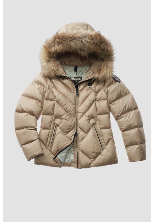 Blauer USA - BLAUER Alicia Beżowa kurtka damska Short Jackets. Kolor: beżowy. Materiał: poliamid. Styl: wizytowy