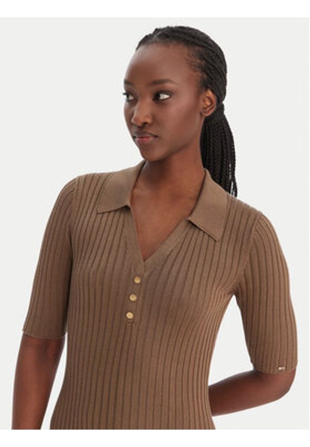 TOMMY HILFIGER - Tommy Hilfiger Sukienka dzianinowa WW0WW48447 Brązowy Slim Fit. Kolor: brązowy. Materiał: bawełna