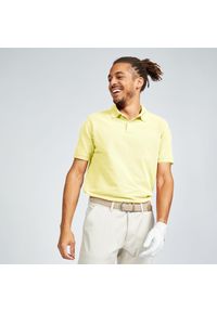 INESIS - Koszulka polo do golfa z krótkim rękawem męska Inesis MW500. Typ kołnierza: polo, golf. Kolor: żółty. Materiał: materiał, bawełna, poliester. Długość rękawa: krótki rękaw. Długość: krótkie. Wzór: ze splotem. Styl: klasyczny #1