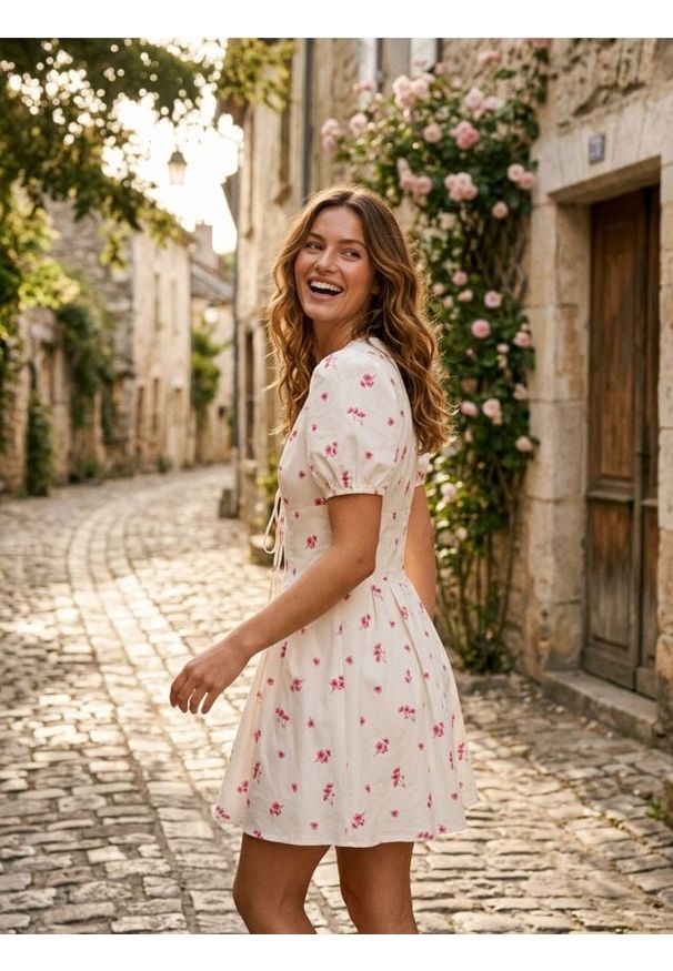 Sinsay - Bawełniana sukienka mini w kwiatki - wielobarwny. Materiał: bawełna. Wzór: kwiaty. Długość: mini