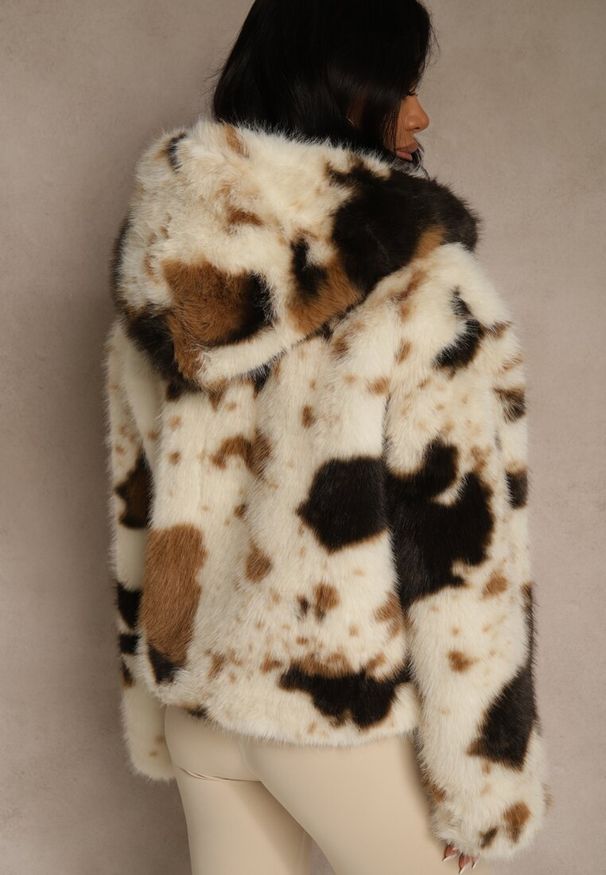 Renee - Brązowo-Beżowa Dwurzędowa Kurtka Futerko Oversize Nenalla. Okazja: na co dzień. Kolor: beżowy. Materiał: futro. Styl: casual, elegancki