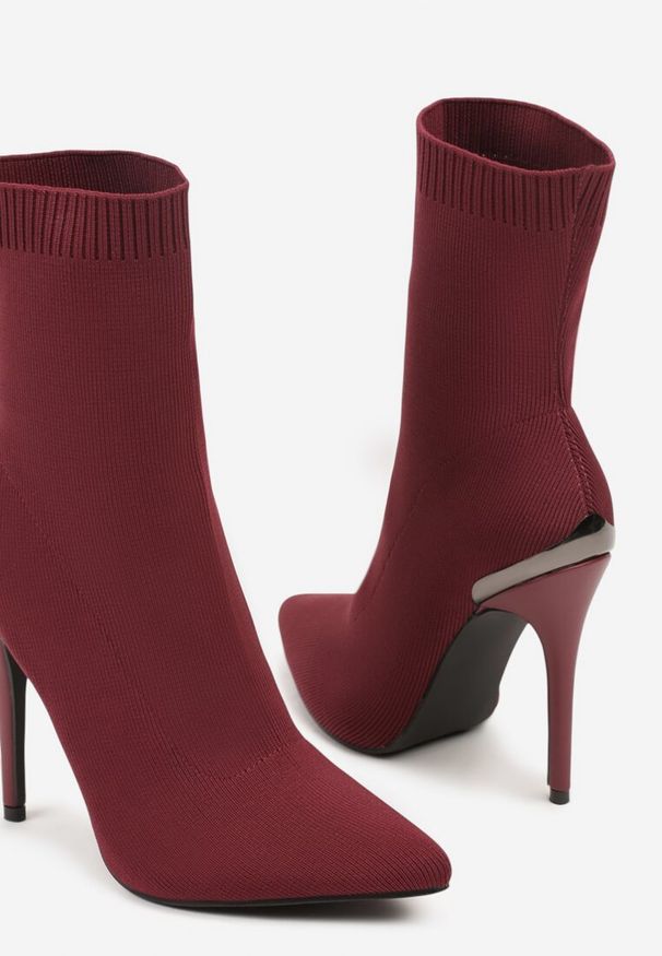 Born2be - Bordowe Skarpetkowe Botki Vices na Szpilce z Noskiem w Szpic Brettalie. Okazja: na spotkanie biznesowe. Kolor: czerwony. Obcas: na szpilce. Styl: elegancki, biznesowy
