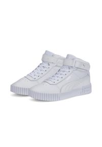 Puma - Damskie sneakersy Carina 2.0 Mid PUMA White Silver Gray. Okazja: na plażę. Kolor: biały, wielokolorowy, szary. Materiał: guma, syntetyk, materiał. Sezon: lato