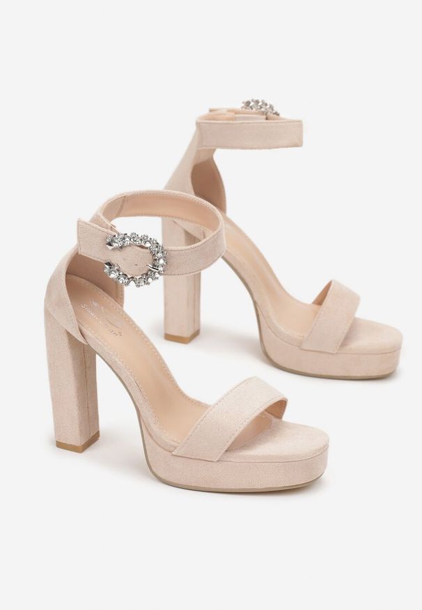 Born2be - Beżowe Sandały z Imitacji Zamszu na Słupku i Platformie Agnendia. Zapięcie: pasek. Kolor: beżowy. Materiał: zamsz. Wzór: aplikacja. Obcas: na platformie