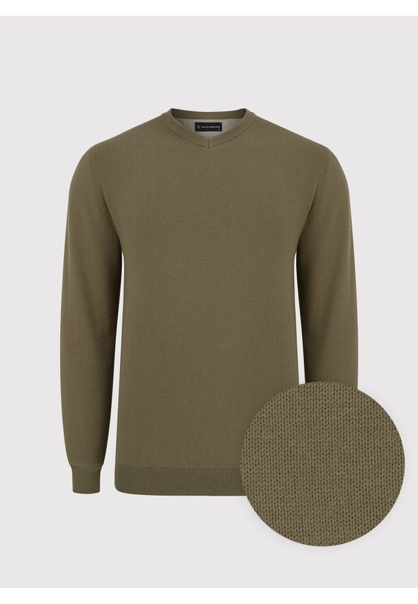 Pako Lorente - PAKO LORENTE – Zielony męski sweter w serek. Typ kołnierza: dekolt w serek. Kolor: czarny, zielony. Materiał: bawełna. Sezon: jesień