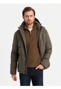 Ombre Clothing - Męska kurtka casualowa puffer z wełną – ciemnooliwkowy melanż V4 - Rozmiar: M. Okazja: na co dzień. Typ kołnierza: kołnierzyk stójkowy. Kolor: oliwkowy. Materiał: wełna. Długość: długie. Wzór: melanż. Styl: casual #4