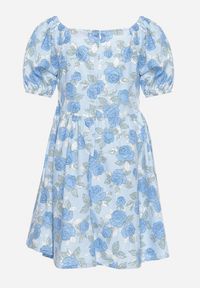 Born2be - Niebieska Bawełniana Sukienka w Kwiatowy Print z Bufiastymi Rękawami Flospia. Okazja: na co dzień. Kolor: niebieski. Materiał: bawełna. Długość rękawa: krótki rękaw. Wzór: nadruk, kwiaty. Typ sukienki: proste. Styl: casual #2