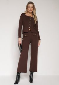 Born2be - Brązowy Dzianinowy Komplet z Wiskozą w Eleganckim Stylu Kardigan i Spodnie Delisana. Kolor: brązowy. Materiał: dzianina, wiskoza #5