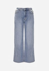 Renee - Niebieskie Jeansy Szerokie z Bawełny High Waist Ozdobione Perełkami i Wycięciami Nenelsea. Okazja: na co dzień. Stan: podwyższony. Kolor: niebieski. Wzór: aplikacja. Styl: casual #2