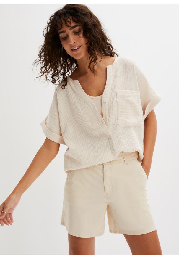 bonprix - Bluzka muślinowa z krótki rękawem. Kolor: beżowy. Długość rękawa: krótki rękaw. Długość: krótkie. Styl: elegancki